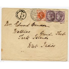 1896 cover with ½d vermilion + 2x1d lilacs addressed to Turks Island from Speanbridge. 