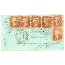 1865 cover with six 1d rose-red pl 89 issues from Golspie, Scotland, addressed to New Zealand.