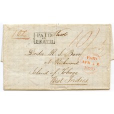 1839 SCARCE entire "PAID AT PERTH" h/s sent to TOBAGO, West Indies.