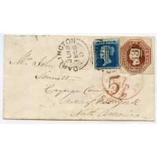 Rare 1856 cover Darlington to USA with 2d blue and 10d embossed  "233" duplex