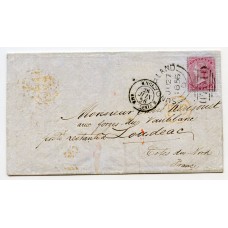 Rare 1856 cover with 4d carmine glazed blue paper Sunderland to France