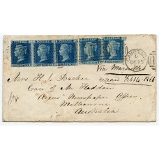 Scarce 1865 cover Cambridge to Australia with 5 x 2d pl.9 tied duplex cancel