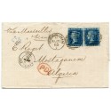 Scarce 1865  wrapper with 2 x 1858 2d blue plate 9 issue paying the 4d rate to Algeria 