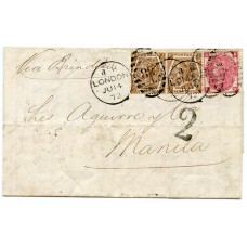 RARE 1872 cover with1871 3d rose pl 7 + pair 1872 6d chestnut pl11  London to Manila, PHILIPPINES