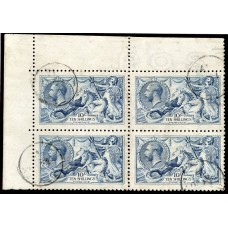 RARE 1915 De La Rue 10/- pale blue superb used corner marginal block 4 . SG 413