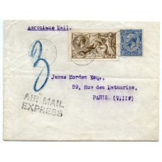 Rare 1919 Express airmail cover to France with BW 2/6 pale brown Seahorse