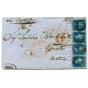 1853 cover with strip x 4  1841 2d blue pl 4  lettered D.H./D.K. London "7"   to Trieste