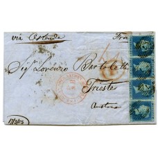 1853 cover with strip x 4  1841 2d blue pl 4  lettered D.H./D.K. London "7"   to Trieste
