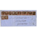 1854 cover with 2 horizontal strips of five 1d red-brown SC perf. 16 London "21" to Sheffield