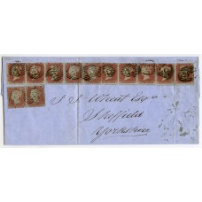 1854 cover with 2 horizontal strips of five 1d red-brown SC perf. 16 London "21" to Sheffield