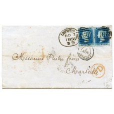 1856 cover Liverpool to France with pair 2d blue LC Per 14 tied by Liverpool “spoon” “466” 