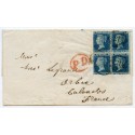 1857 2d blue plate 6, LC, Perf 14 block x4 on a wrapper to France from London