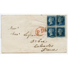 1857 2d blue plate 6, LC, Perf 14 block x4 on a wrapper to France from London