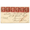 RARE 1858 cover strip x6 1d rose-red Devonport to West Indian Regt, Jamaica