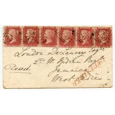 RARE 1858 cover strip x6 1d rose-red Devonport to West Indian Regt, Jamaica