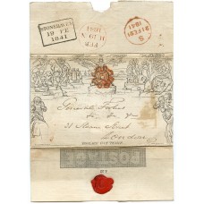 1841 1d Mulready wrapper with double-lined Stonehaven MC in red ink.