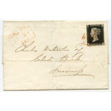 1840 cover with 1d black pl 1b from Dornoch, Sutherland, to Inverness with red MC.