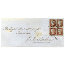 1851 cover with a block of 4 of the 1841 1d red-brown issue from Elgin to Fochabers. 