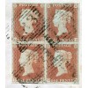 1851 cover with a block of 4 of the 1841 1d red-brown issue from Elgin to Fochabers. 