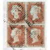 1851 cover with a block of 4 of the 1841 1d red-brown issue from Elgin to Fochabers. 