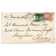 1865 cover with 4d + 1/- issues to Shanghai, China, from Aberdeen, Scotland.
