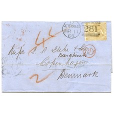 1865 cover with 9d straw issue from Peterhead addressed to Copenhagen, Denmark.