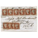 1854 cover bearing ten 1841 1d red-brown issues from Thurso, Caithness.