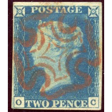 1840 2d blue pl.1 OC with shifted transfer neatly cancelled by a red Maltese cross