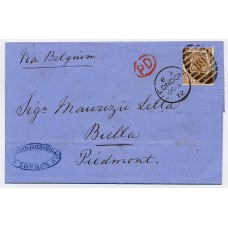 1872 entire letter from London to Italy bearing 6d chestnut tied by duplex cancel. Very fine.