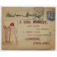 1902 - an illustrated printed envelope for "J.G. Morley, Harp Maker" addressed to London bearing 25c Mouchon tied by Paris c.d.s. Most attractive.