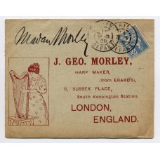 1902 - an illustrated printed envelope for "J.G. Morley, Harp Maker" addressed to London bearing 25c Mouchon tied by Paris c.d.s. Most attractive.